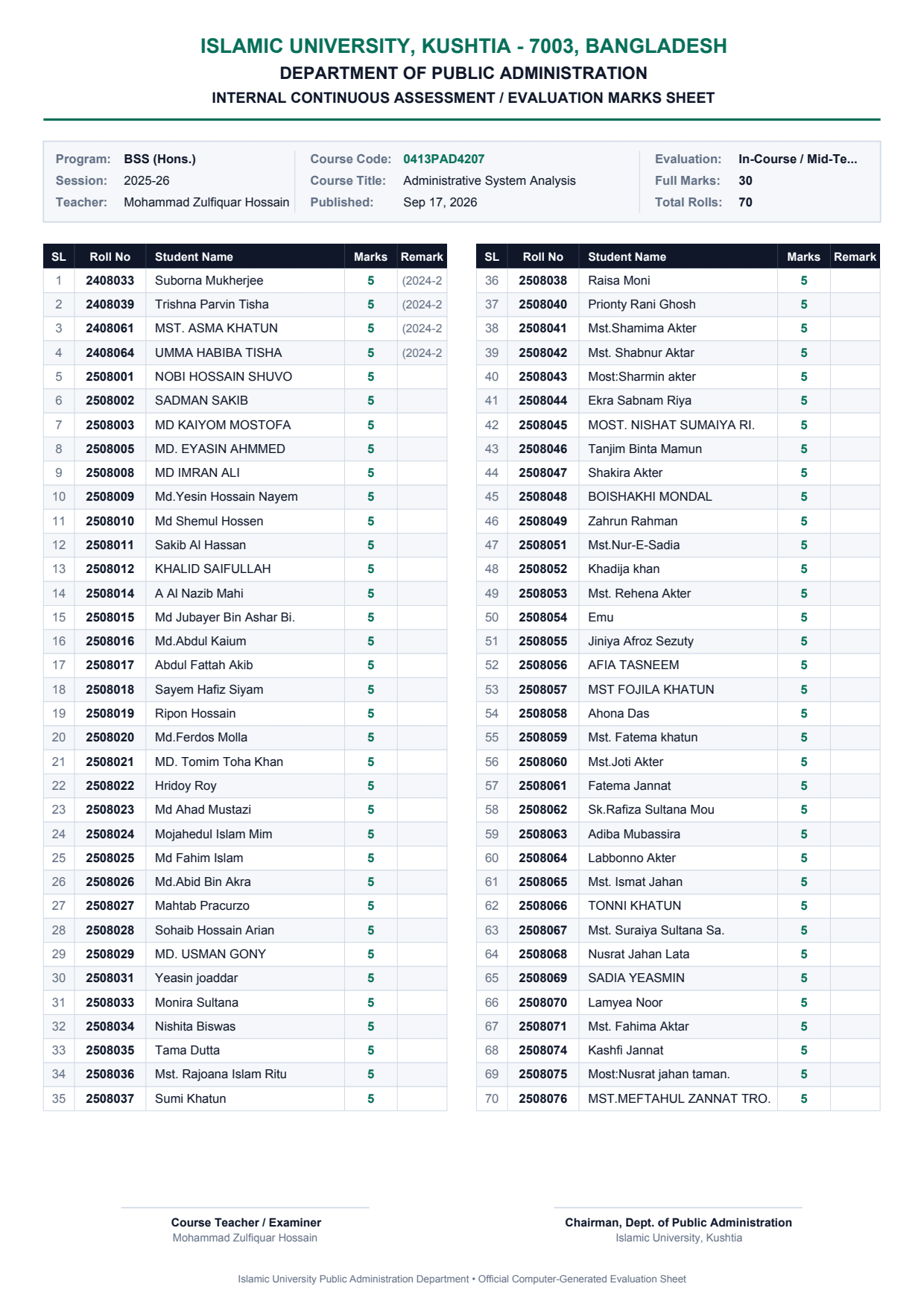 Internal Evaluation: 0413PAD4207 - Administrative System Analysis (In-Course / Mid-Term Examination) - Page 1